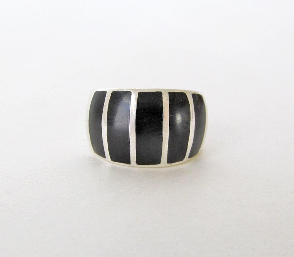 Inlaid Onyx Stone Sterling Silver Band Ring - Bold Classic Sterling Silver Jewelry