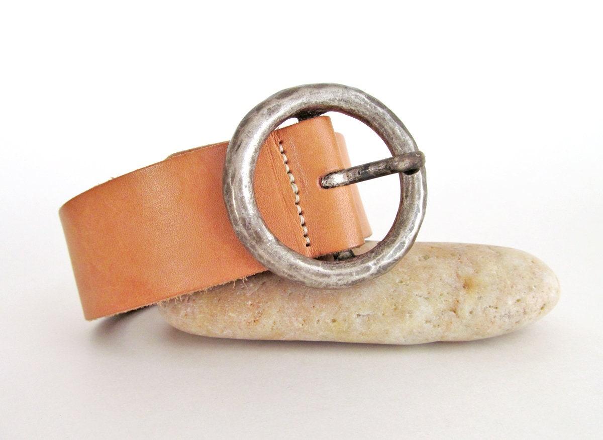 Vintage Tan Leather Belt with Hammered Silver Tone Metal Buckle - Women's Waist Belt - Vintage Fashion