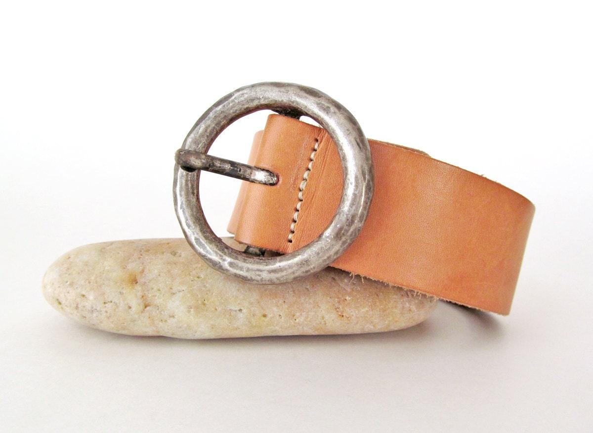 Vintage Tan Leather Belt with Hammered Silver Tone Metal Buckle - Women's Waist Belt - Vintage Fashion