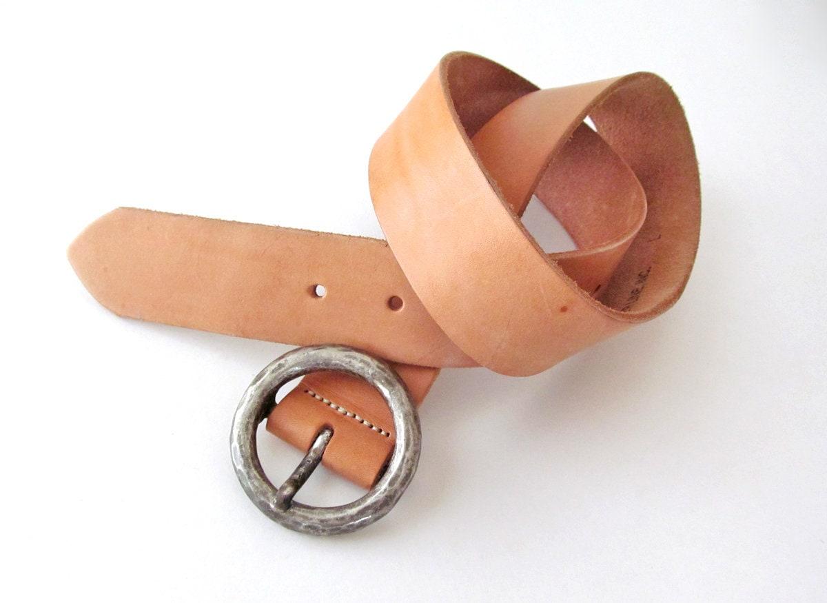 Vintage Tan Leather Belt with Hammered Silver Tone Metal Buckle - Women's Waist Belt - Vintage Fashion