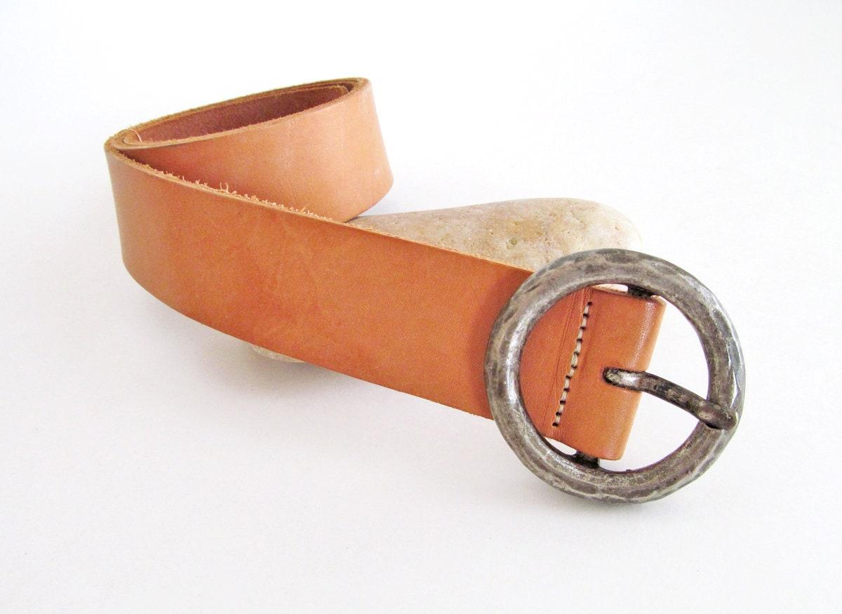 Vintage Tan Leather Belt with Hammered Silver Tone Metal Buckle - Women's Waist Belt - Vintage Fashion