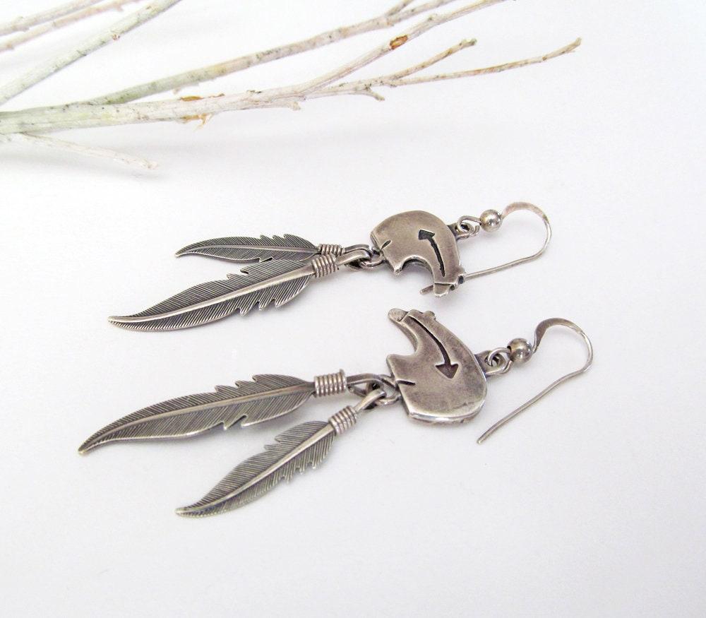 Sterling Silver Zuni Bear Earrings with Dangling Feathers - Vintage Southwestern Fetish Jewelry