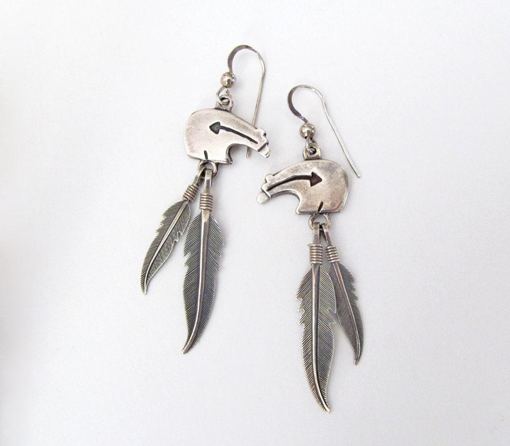 Sterling Silver Zuni Bear Earrings with Dangling Feathers - Vintage Southwestern Fetish Jewelry