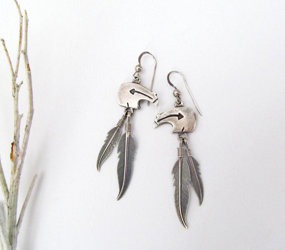 Sterling Silver Zuni Bear Earrings with Dangling Feathers - Vintage Southwestern Fetish Jewelry