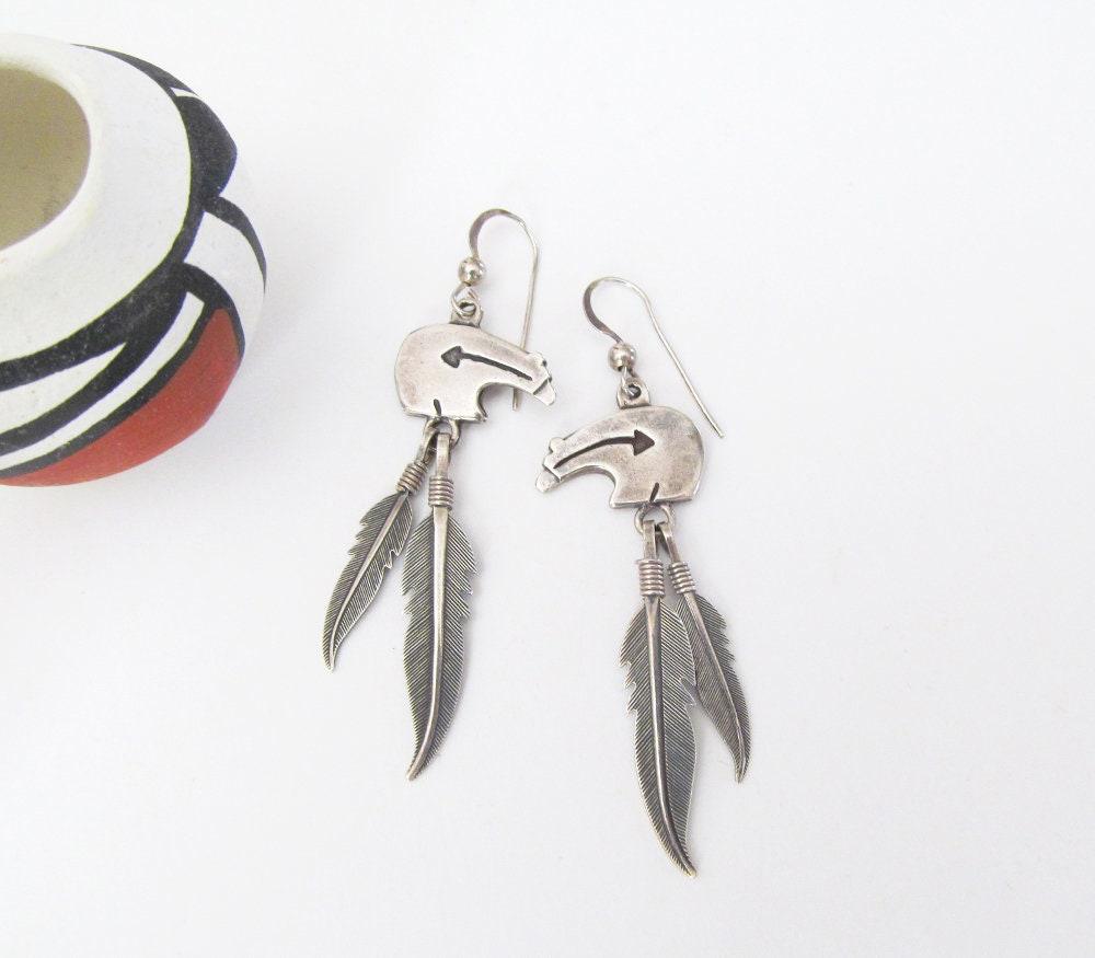 Sterling Silver Zuni Bear Earrings with Dangling Feathers - Vintage Southwestern Fetish Jewelry