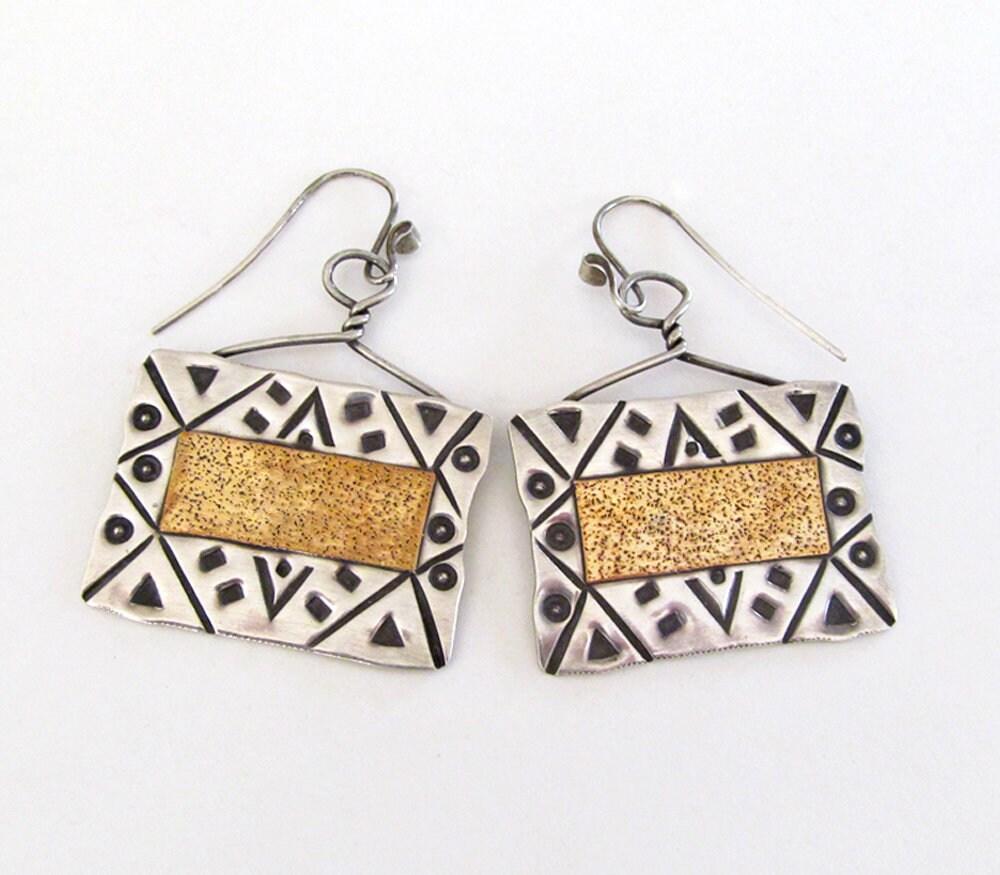 Big Bold Hand Stamped Sterling Silver Earrings - Vintage Artisan Mixed Metal Jewelry