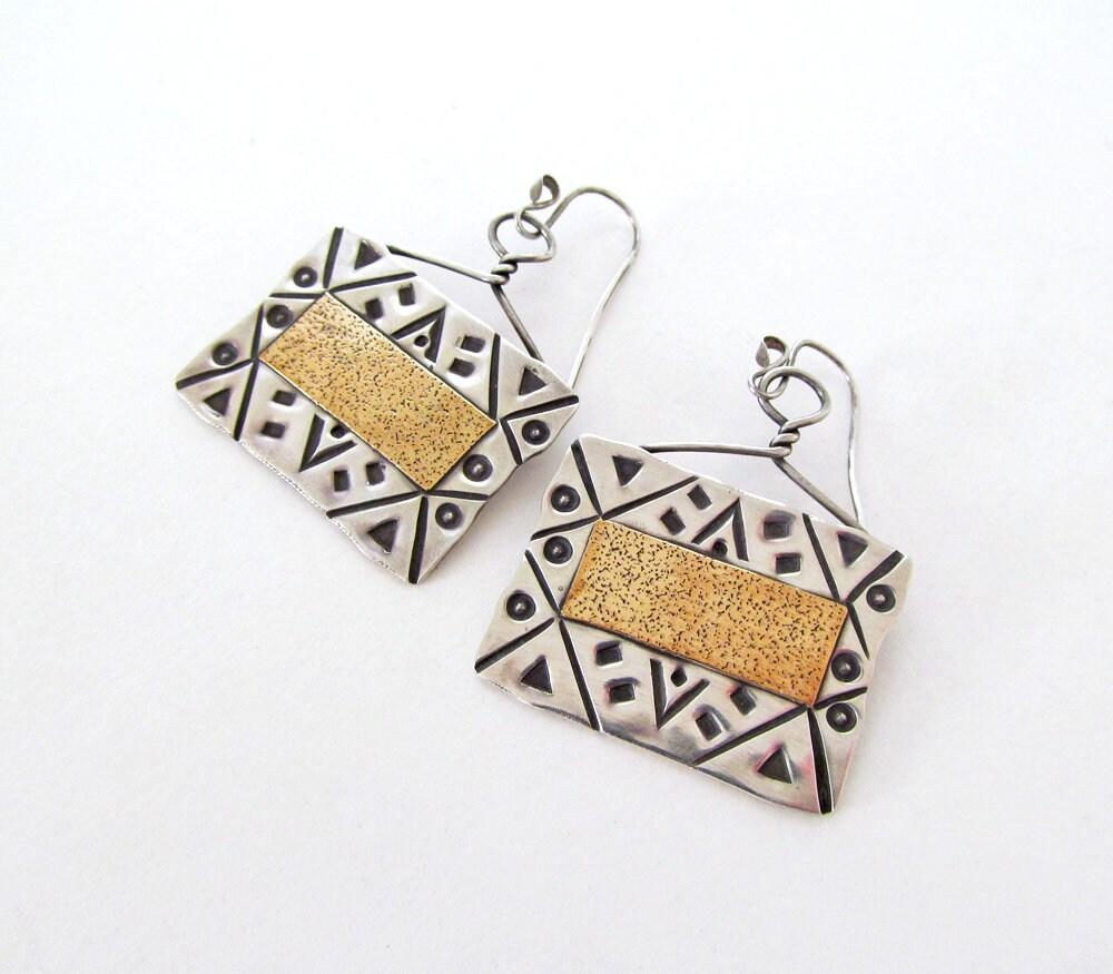 Big Bold Hand Stamped Sterling Silver Earrings - Vintage Artisan Mixed Metal Jewelry