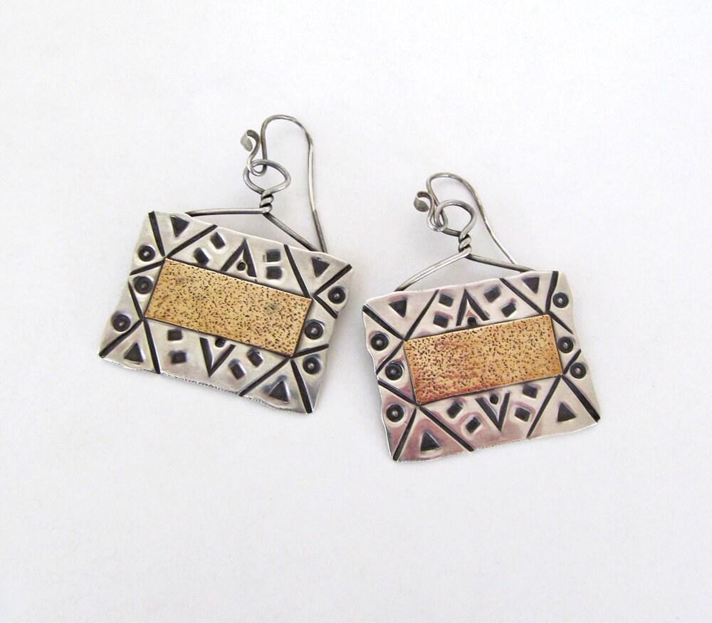 Big Bold Hand Stamped Sterling Silver Earrings - Vintage Artisan Mixed Metal Jewelry