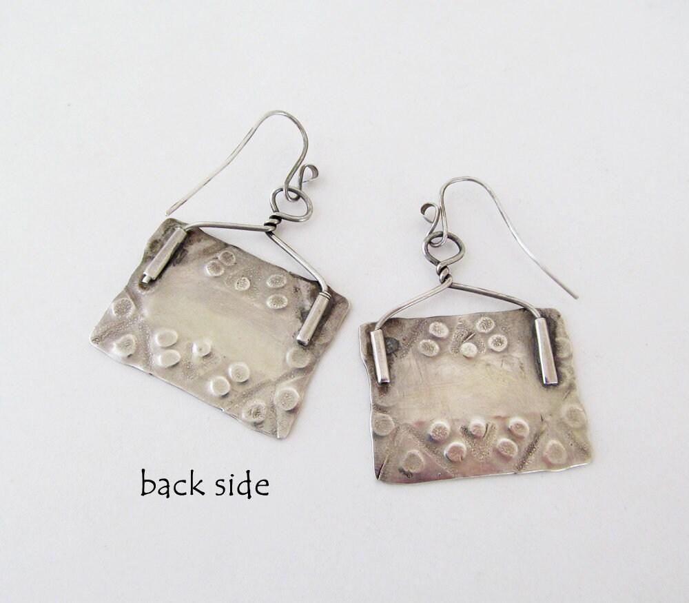 Big Bold Hand Stamped Sterling Silver Earrings - Vintage Artisan Mixed Metal Jewelry