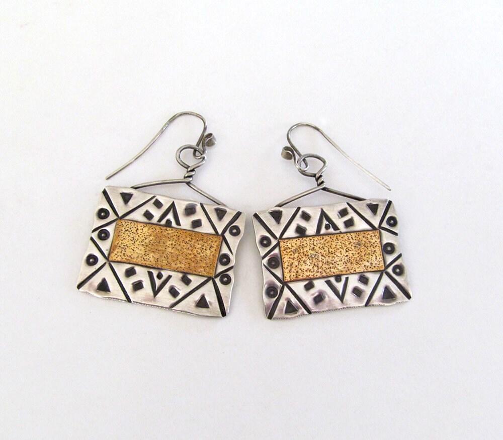 Big Bold Hand Stamped Sterling Silver Earrings - Vintage Artisan Mixed Metal Jewelry