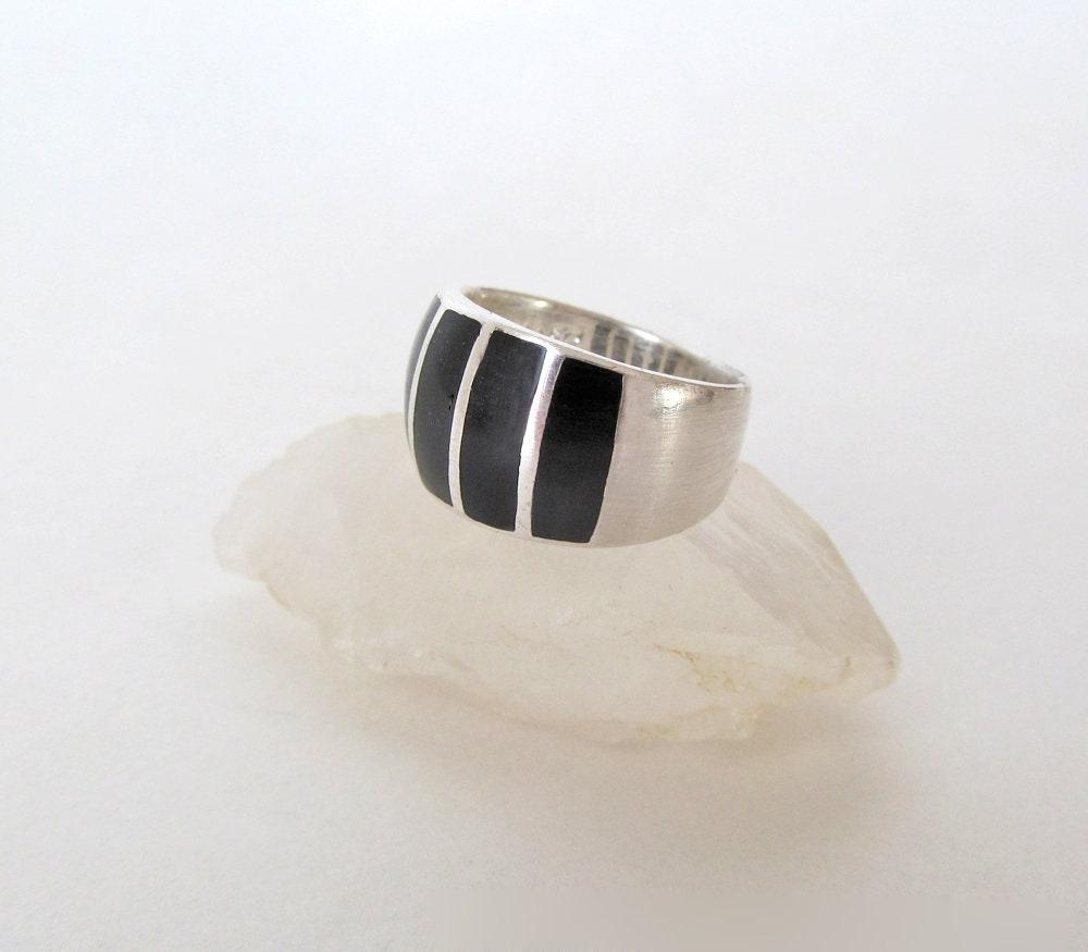 Inlaid Onyx Stone Sterling Silver Band Ring - Bold Classic Sterling Silver Jewelry
