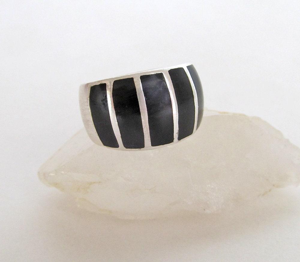 Inlaid Onyx Stone Sterling Silver Band Ring - Bold Classic Sterling Silver Jewelry