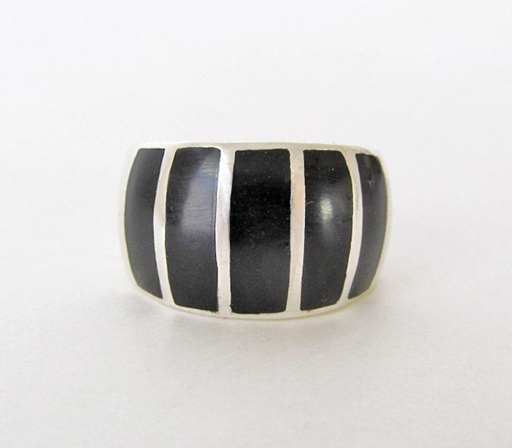 Inlaid Onyx Stone Sterling Silver Band Ring - Bold Classic Sterling Silver Jewelry