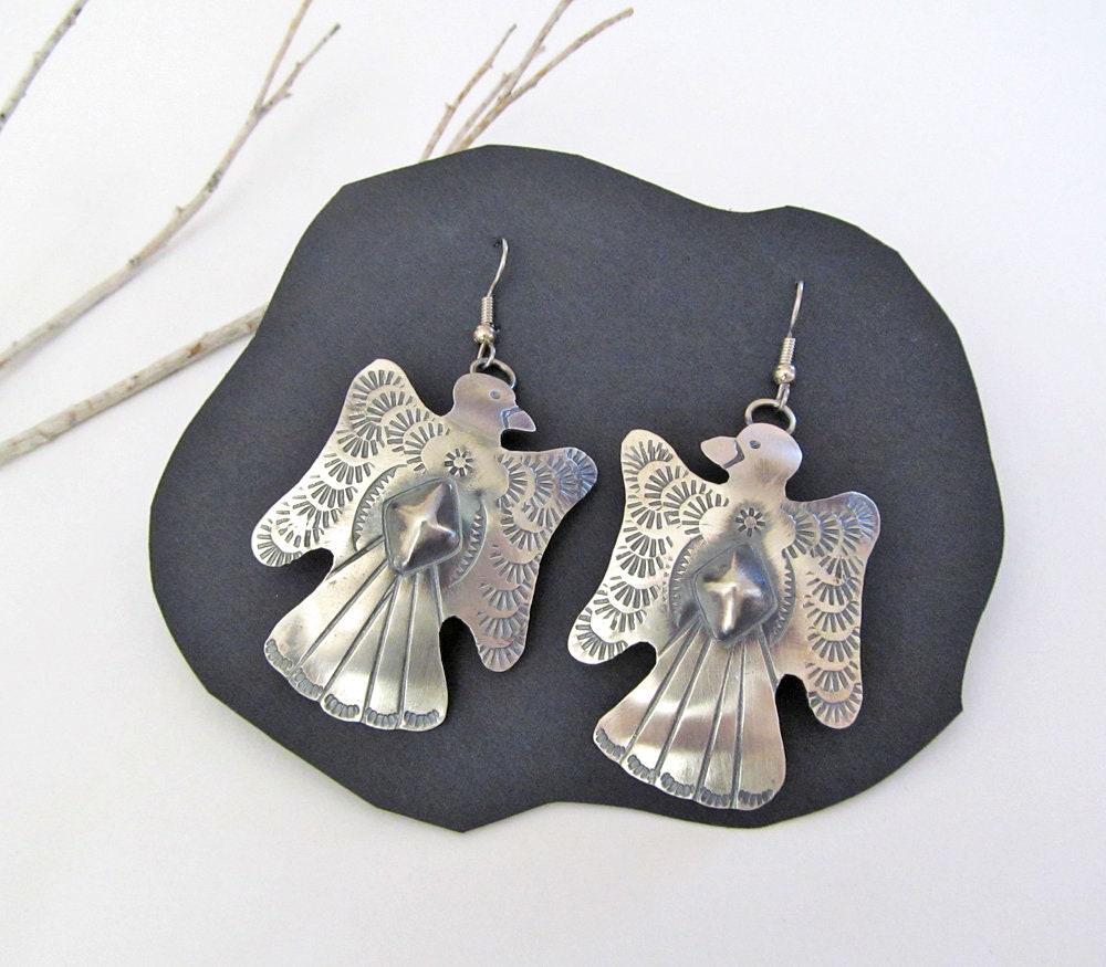 Large Sterling Silver Thunderbird Earrings with Repousee & Stamped Texture  - Southwestern Native American Tim Yazzie Jewelry