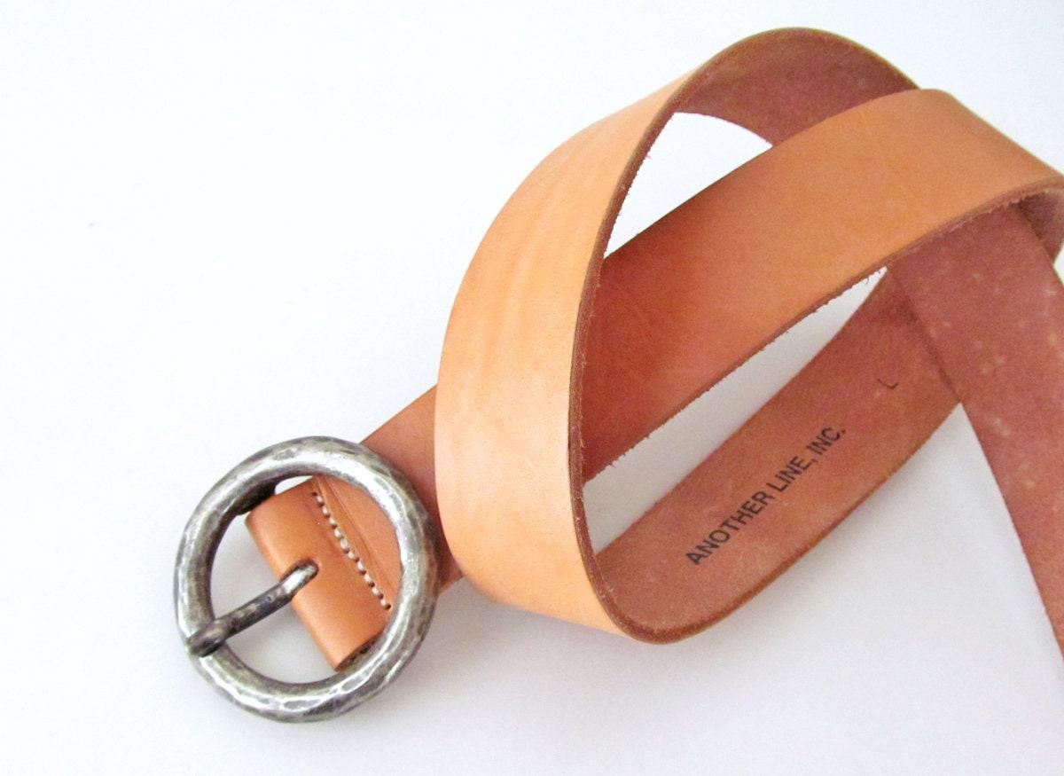 Vintage Tan Leather Belt with Hammered Silver Tone Metal Buckle - Women's Waist Belt - Vintage Fashion