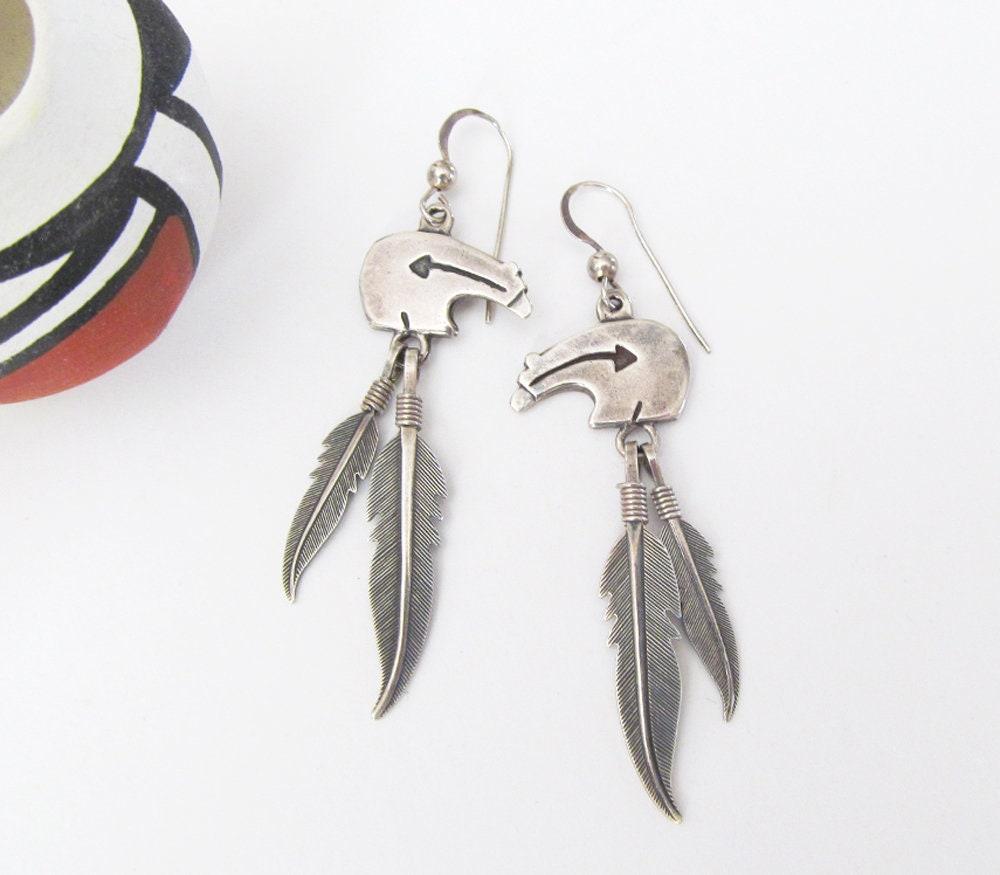 Sterling Silver Zuni Bear Earrings with Dangling Feathers - Vintage Southwestern Fetish Jewelry