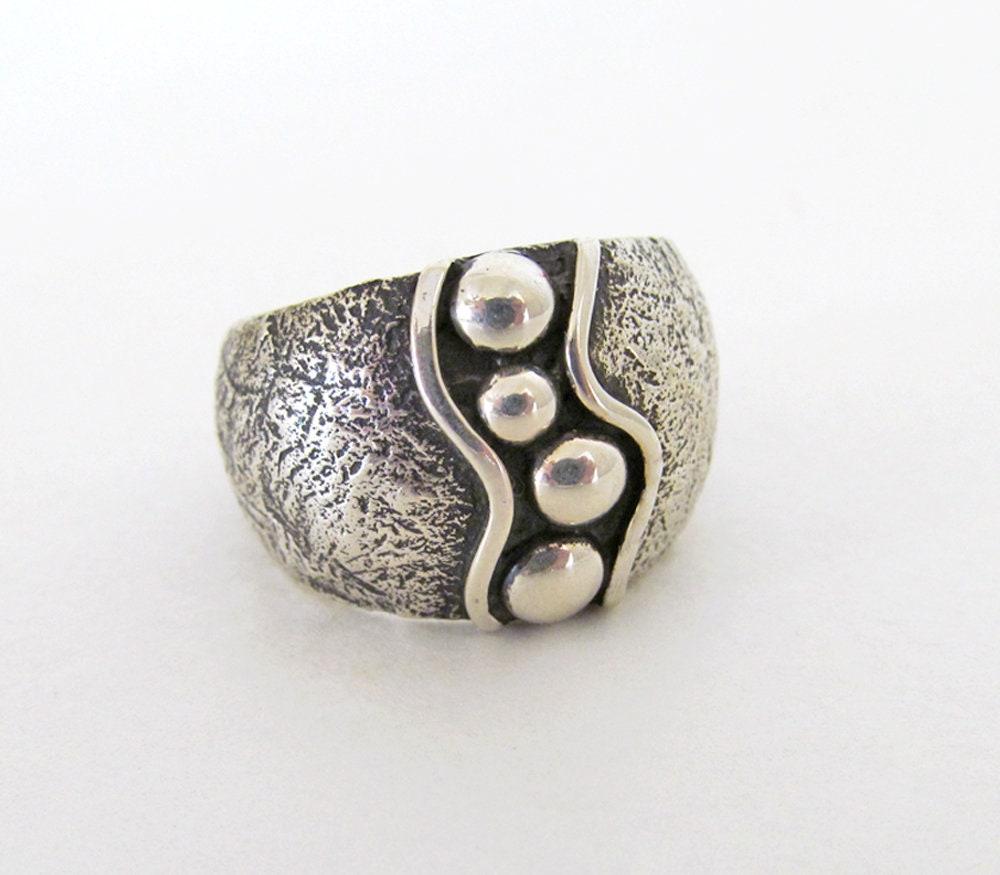 Hammered Textured Sterling Silver Band Ring - Earthy Organic Modernist Silver Jewelry