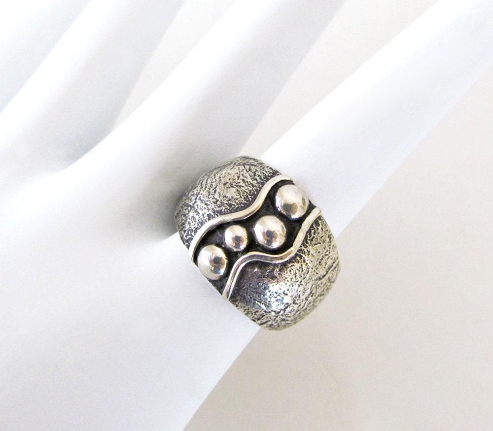 Hammered Textured Sterling Silver Band Ring - Earthy Organic Modernist Silver Jewelry