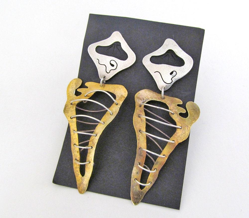 Big  African Shaped Mixed Metal Earrings in Sterling Silver & Gold Brass -  Bold Exotic Vintage Designer Jewelry