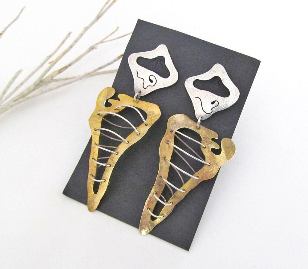 Big  African Shaped Mixed Metal Earrings in Sterling Silver & Gold Brass -  Bold Exotic Vintage Designer Jewelry