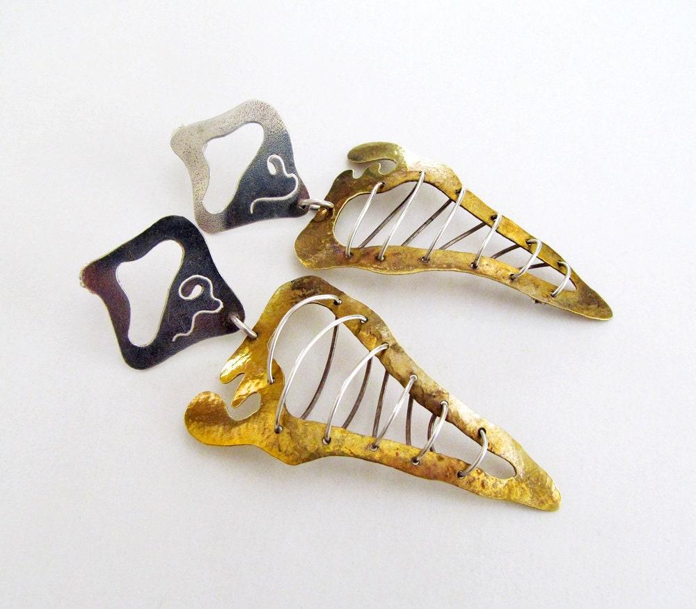 Big  African Shaped Mixed Metal Earrings in Sterling Silver & Gold Brass -  Bold Exotic Vintage Designer Jewelry