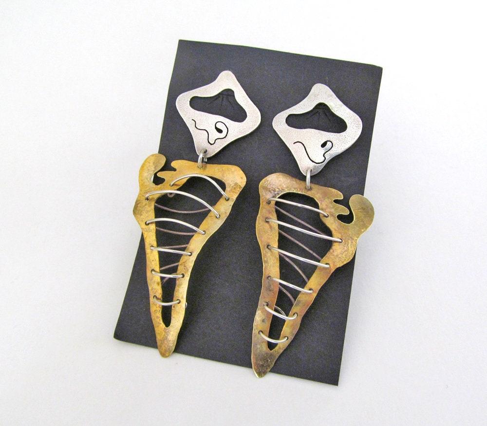 Big  African Shaped Mixed Metal Earrings in Sterling Silver & Gold Brass -  Bold Exotic Vintage Designer Jewelry