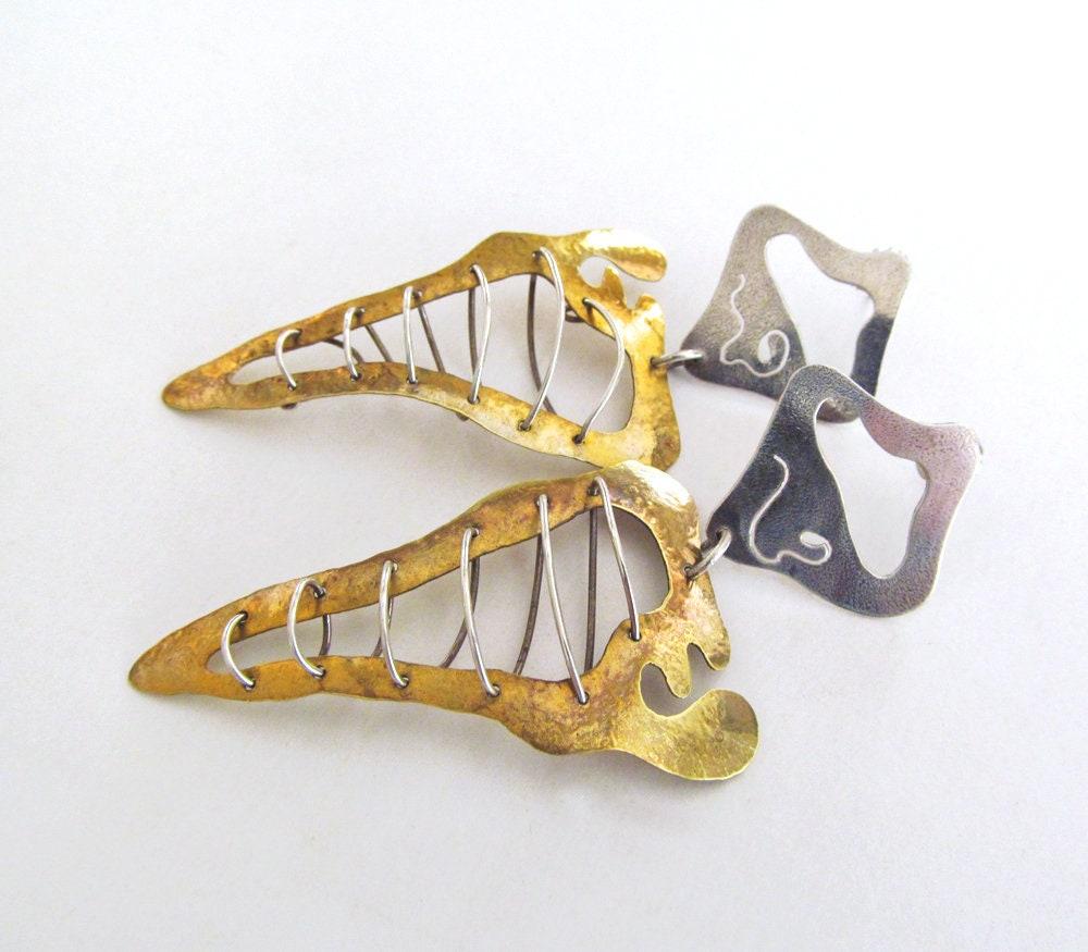 Big  African Shaped Mixed Metal Earrings in Sterling Silver & Gold Brass -  Bold Exotic Vintage Designer Jewelry