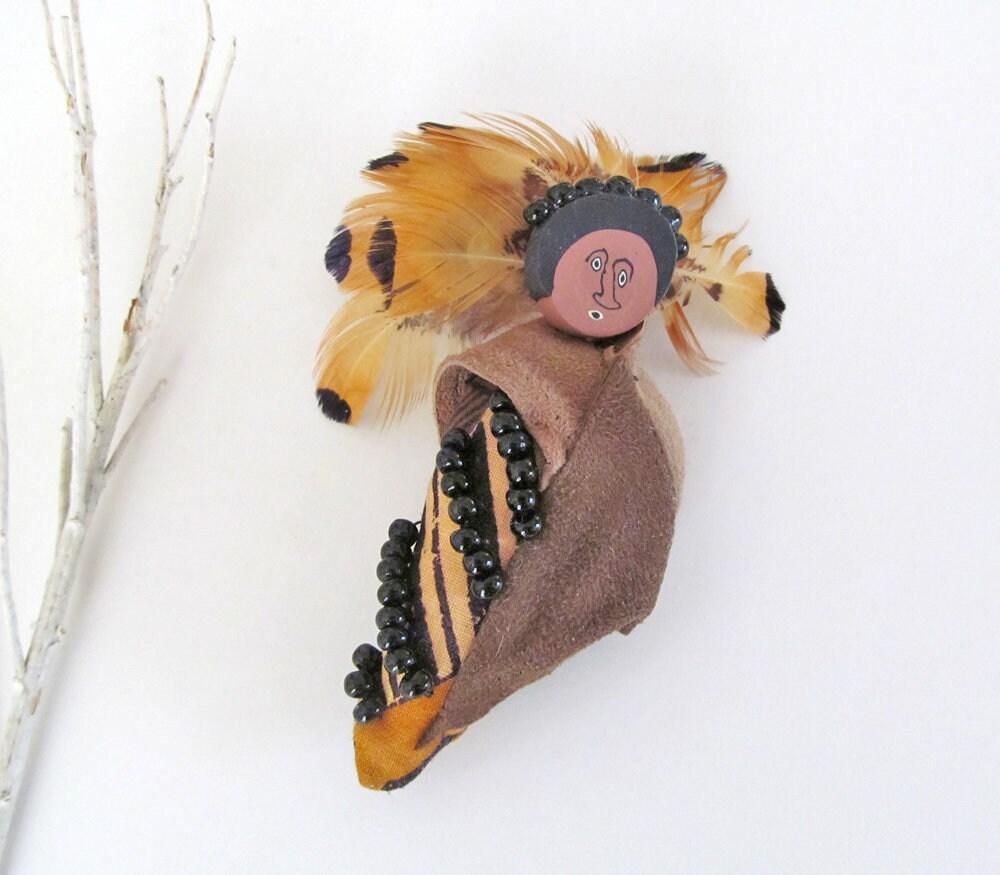 Native American Doll Fimo Clay Pin Brooch with Real Feather Headdress 