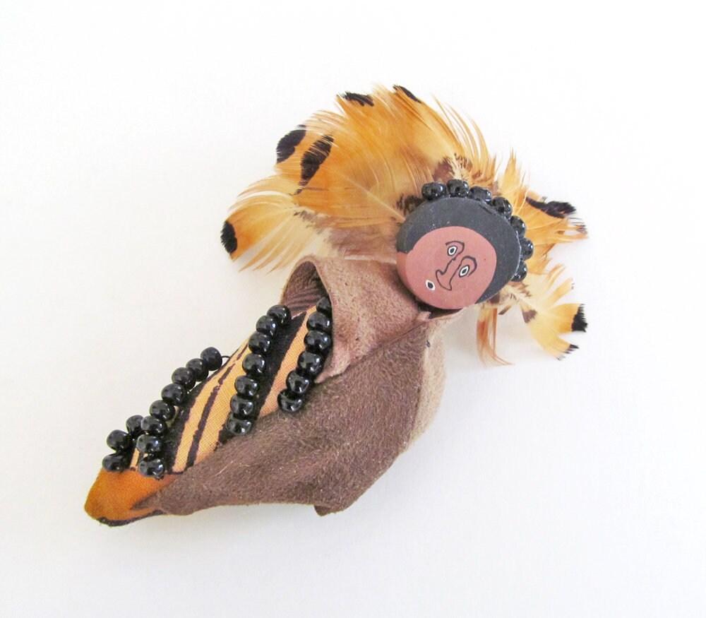 Native American Doll Fimo Clay Pin Brooch with Real Feather Headdress 