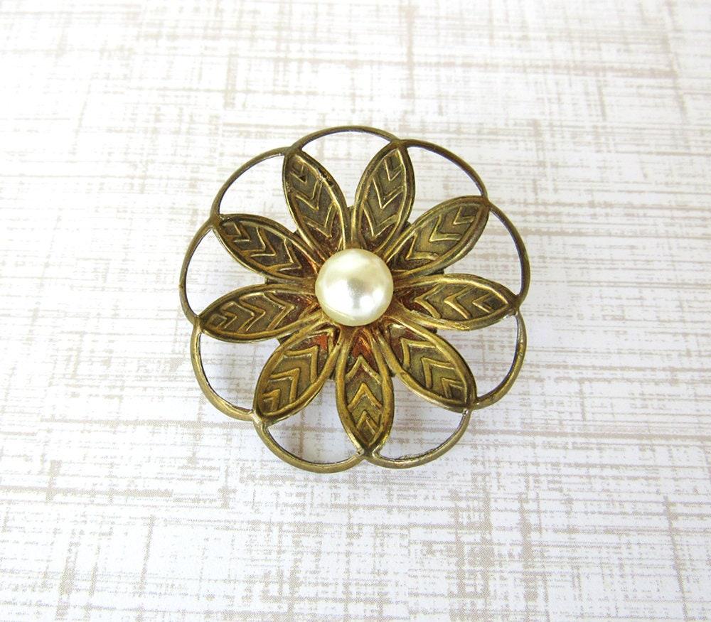 Vintage Brass Flower Scarf Pin Brooch with White Pearl - Vintage Floral Botanical Nature Jewelry