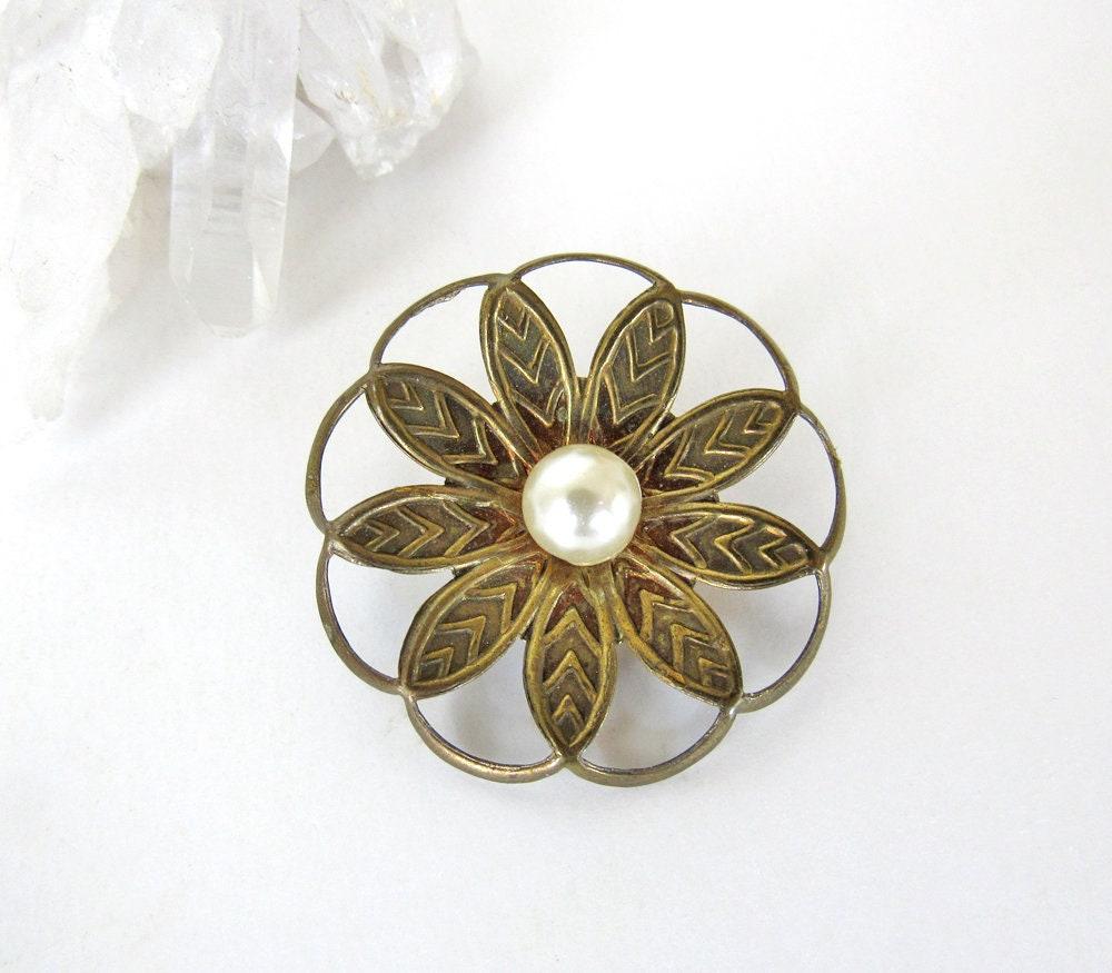 Vintage Brass Flower Scarf Pin Brooch with White Pearl - Vintage Floral Botanical Nature Jewelry