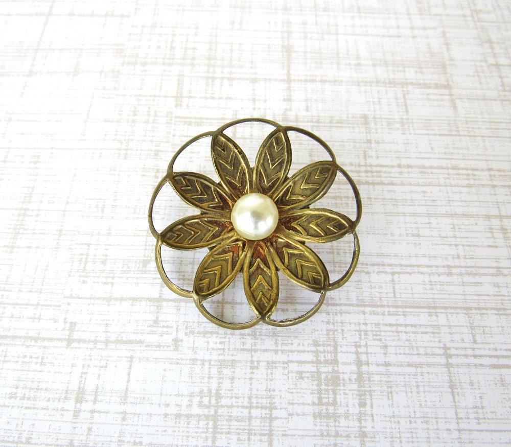 Vintage Brass Flower Scarf Pin Brooch with White Pearl - Vintage Floral Botanical Nature Jewelry