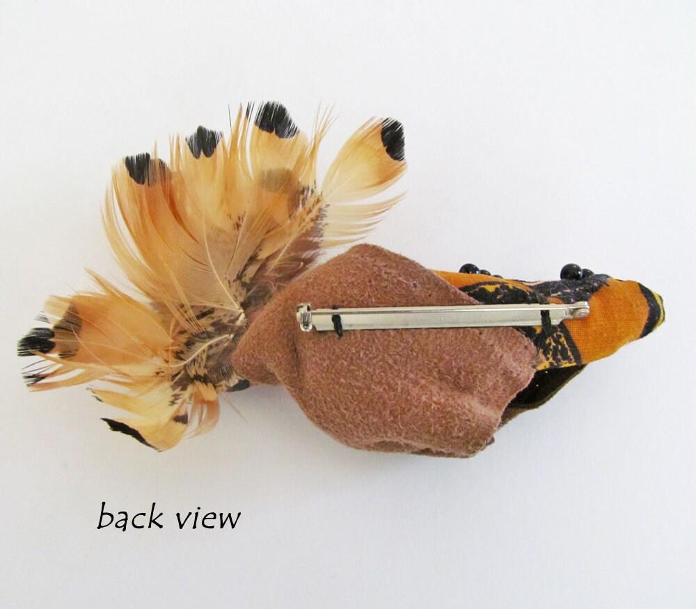 Native American Doll Fimo Clay Pin Brooch with Real Feather Headdress 