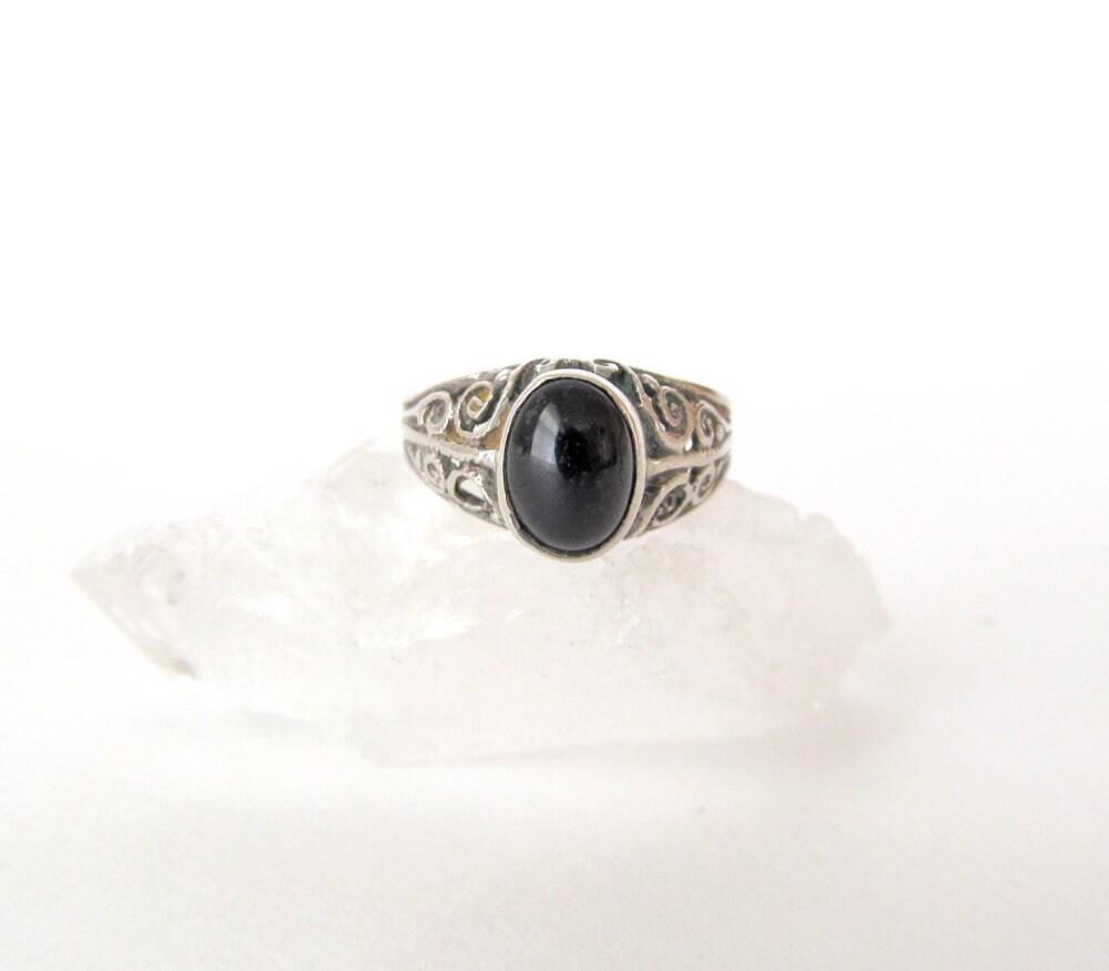 Dainty Sterling Silver Filigree Ring with Black Onyx Gemstone - Small Size Rings for Women