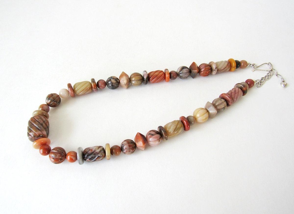 Carved Multi Stone Beaded Necklace with Beige Orange Brown Agate & Jasper Stones  