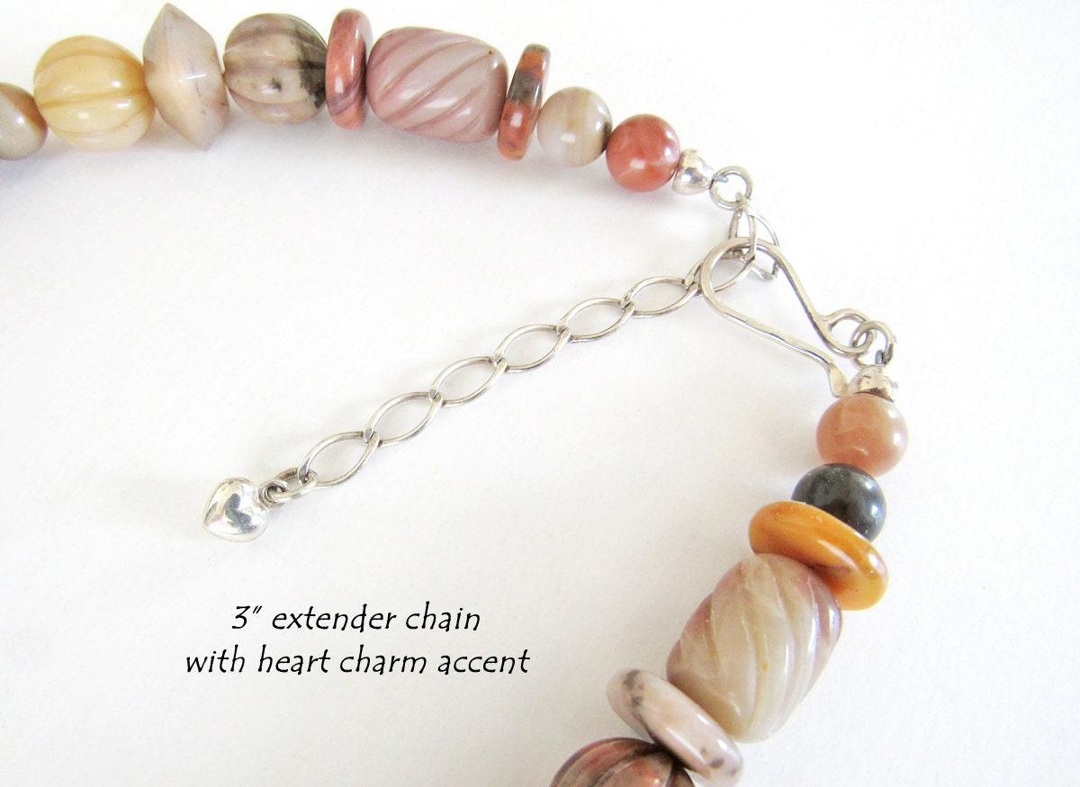 Carved Multi Stone Beaded Necklace with Beige Orange Brown Agate & Jasper Stones  