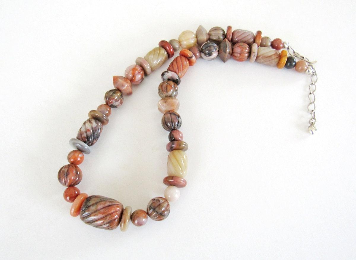 Carved Multi Stone Beaded Necklace with Beige Orange Brown Agate & Jasper Stones  