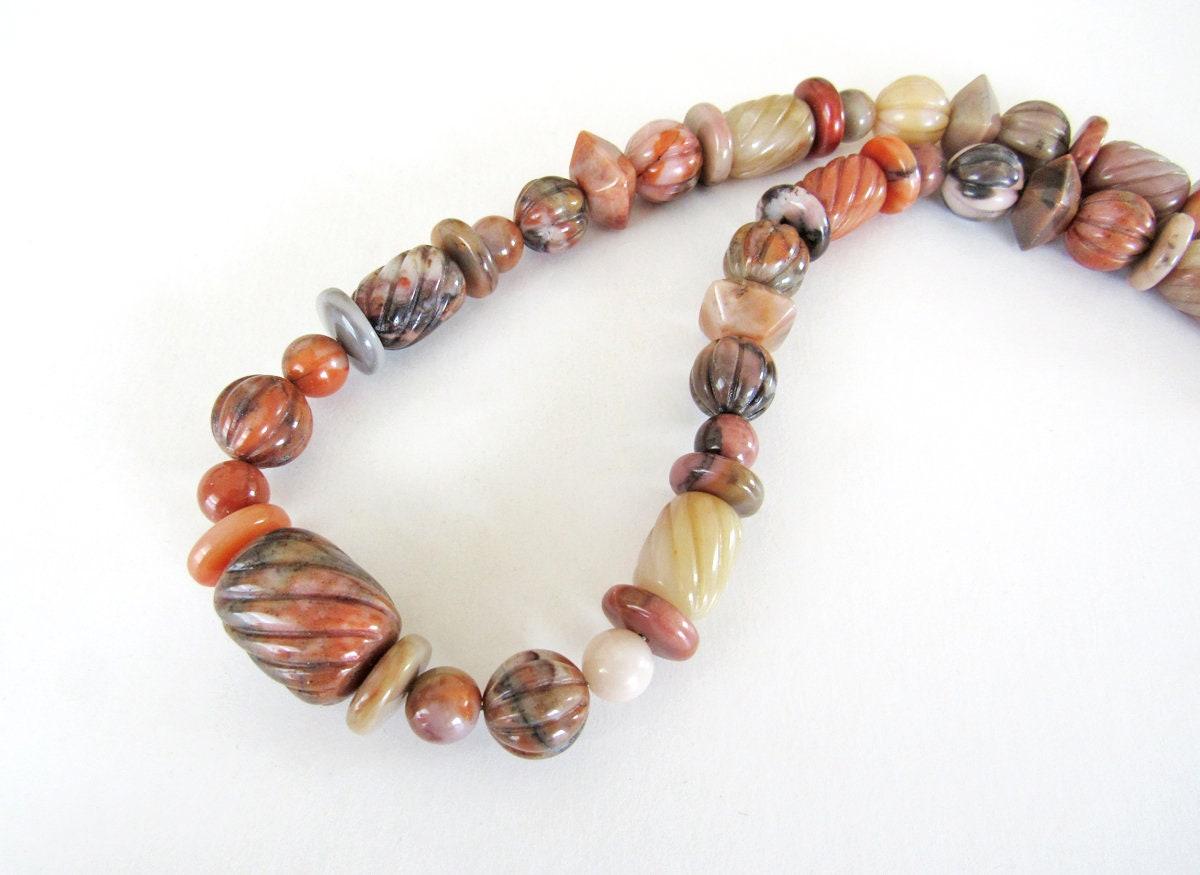 Carved Multi Stone Beaded Necklace with Beige Orange Brown Agate & Jasper Stones  