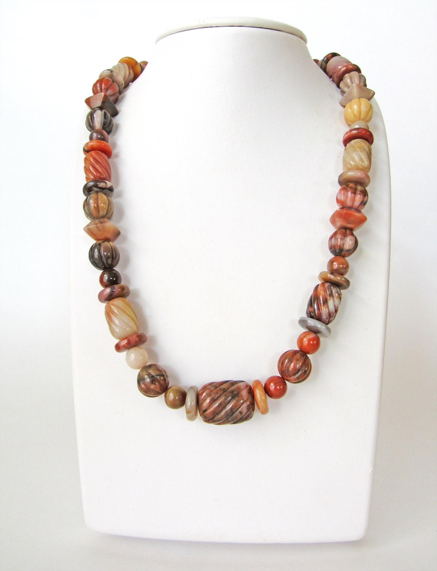 Carved Multi Stone Beaded Necklace with Beige Orange Brown Agate & Jasper Stones  