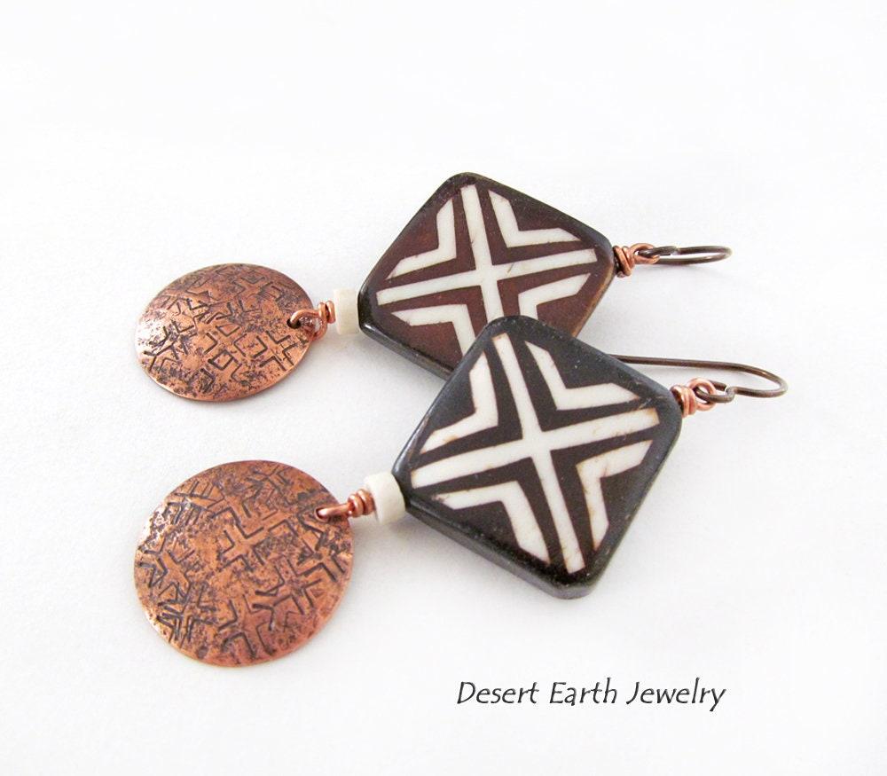 African Batik Bone Earrings with Hand Stamped Copper Dangles - Handmade Boho Hippie Tribal Jewelry
