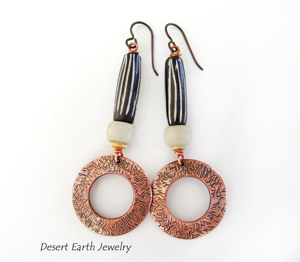 Copper Hoop Dangle Earrings with African Batik Bone Beads - Boho Hippie African Tribal Style Jewelry