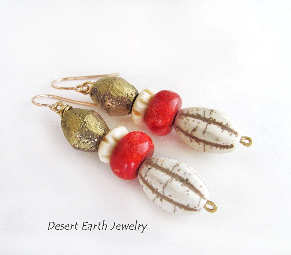 African Brass Tribal Earrings with Red Coral & Beige Magnesite Stones - Unique Boho Chic Tribal Jewelry