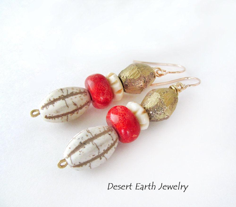 African Brass Tribal Earrings with Red Coral & Beige Magnesite Stones - Unique Boho Chic Tribal Jewelry