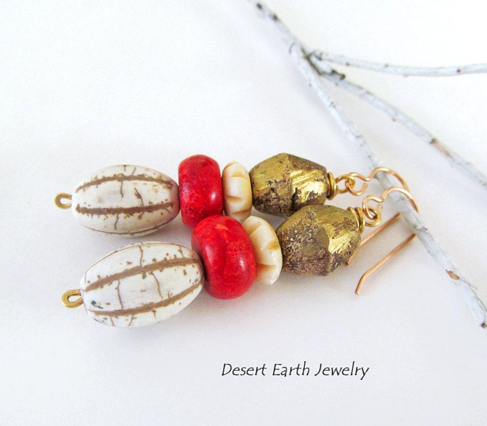 African Brass Tribal Earrings with Red Coral & Beige Magnesite Stones - Unique Boho Chic Tribal Jewelry