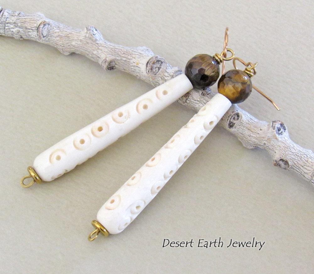 Long African Carved Bone Earrings with Faceted Brown Tiger's Eye Gemstones