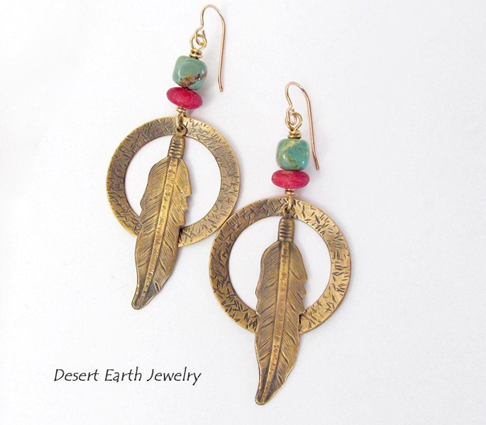 Long Brass Feather Hoop Earrings with Turquoise & Red Beads - Handmade Boho Southwest Jewelry