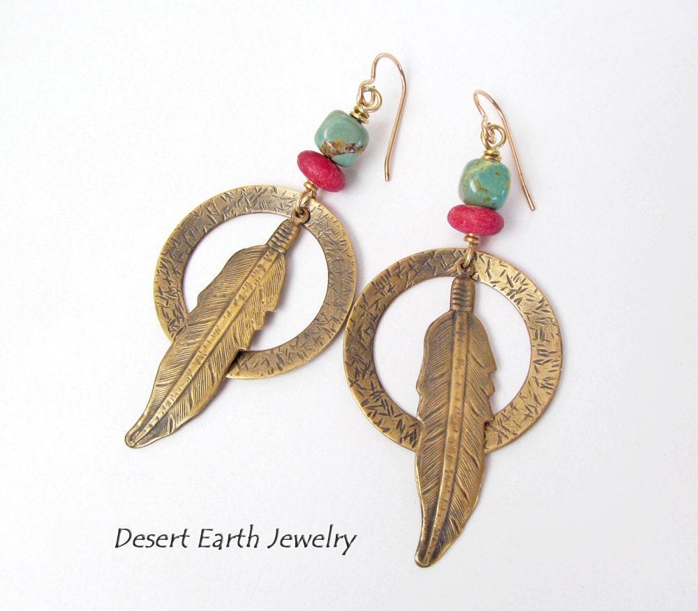 Long Brass Feather Hoop Earrings with Turquoise & Red Beads - Handmade Boho Southwest Jewelry