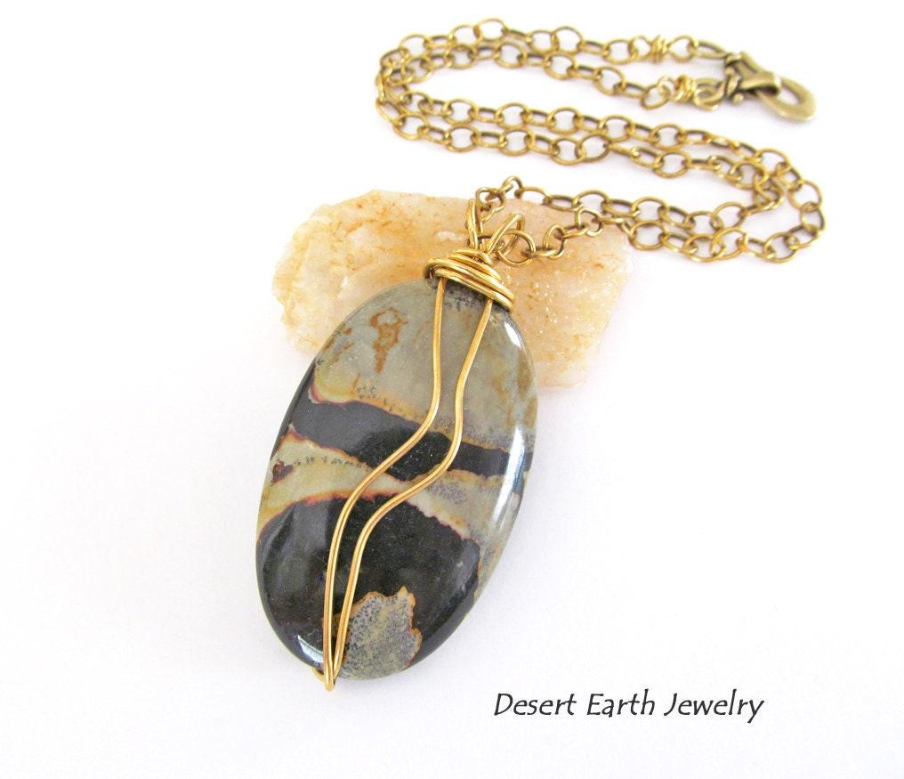 Wire Wrapped Picasso Jasper Pendant Necklace on Brass Chain - Earthy Natural Stone Jewelry