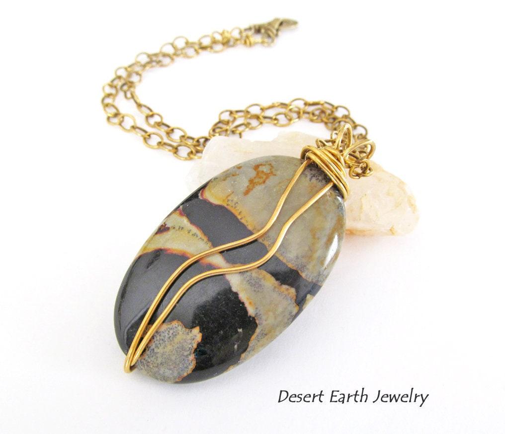 Wire Wrapped Picasso Jasper Pendant Necklace on Brass Chain - Earthy Natural Stone Jewelry