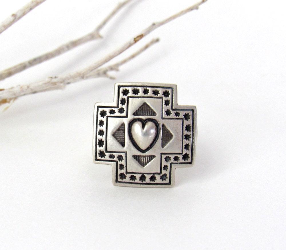 Sterling Silver Heart & Cross Ring - Southwest Style Jewelry - Spiritual Religious Christian Gifts for Her